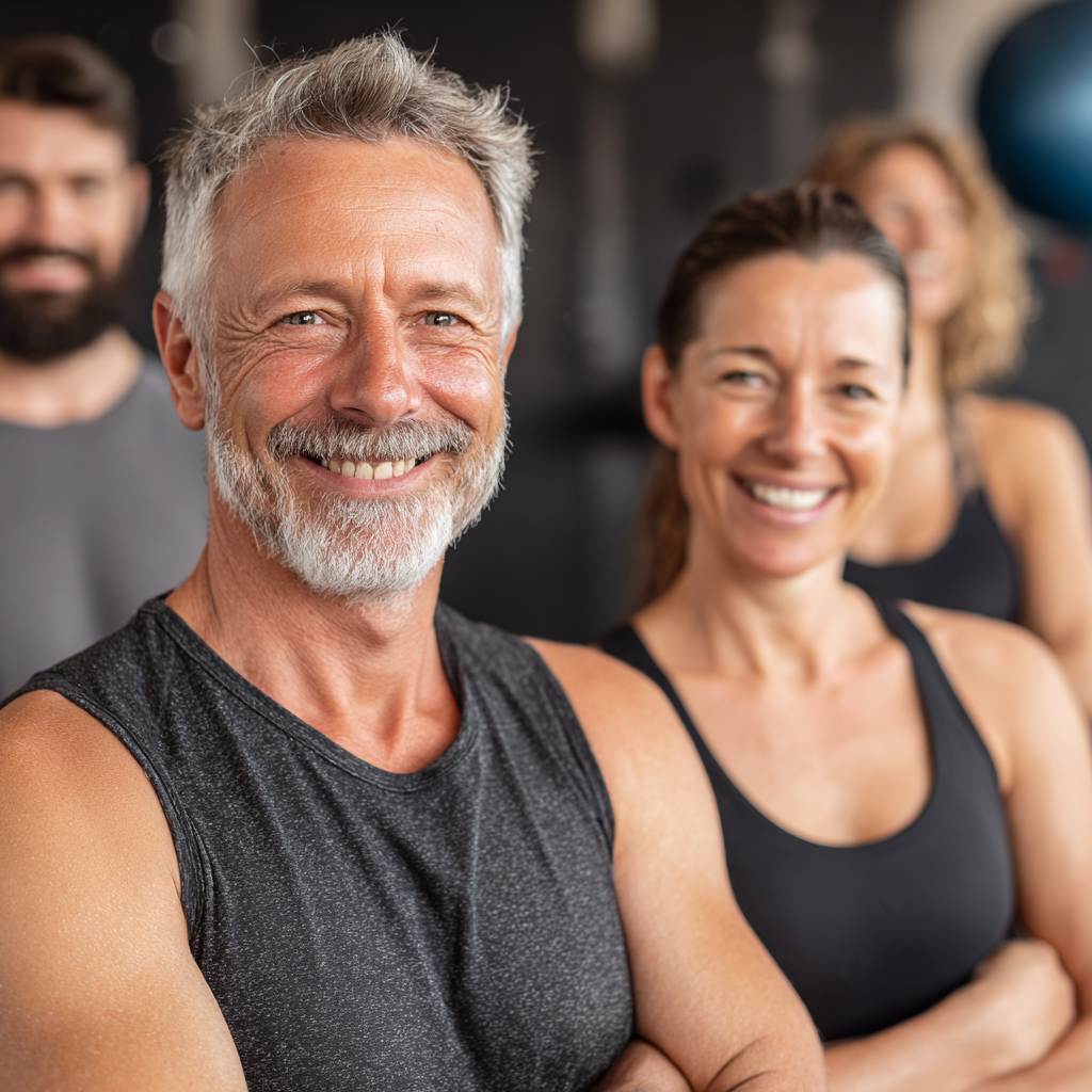 Satisfied mature fitness members smiling after group workout session